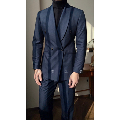 新款男士优雅绅士婚礼宴会青果领藏蓝条纹西服