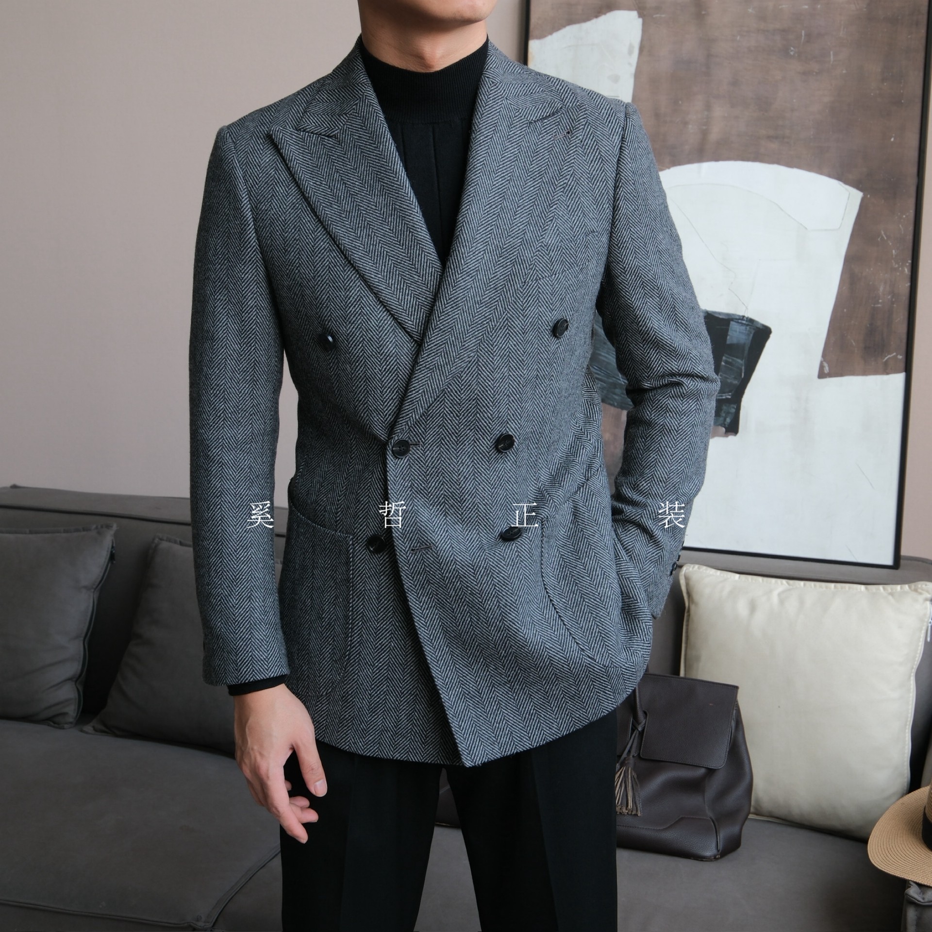 秋冬新款老钱风人字纹羊毛混纺绅士双排扣西服6165,男装,休闲西服,淘宝优惠券,粉丝福利购,淘宝优惠卷