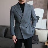 秋冬新款 老钱风人字纹羊毛混纺绅士双排扣西服6165