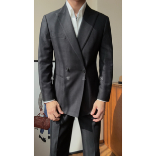 6181 老钱风纹理感两粒扣双排扣戗驳领西服套装 新款 高级感时尚
