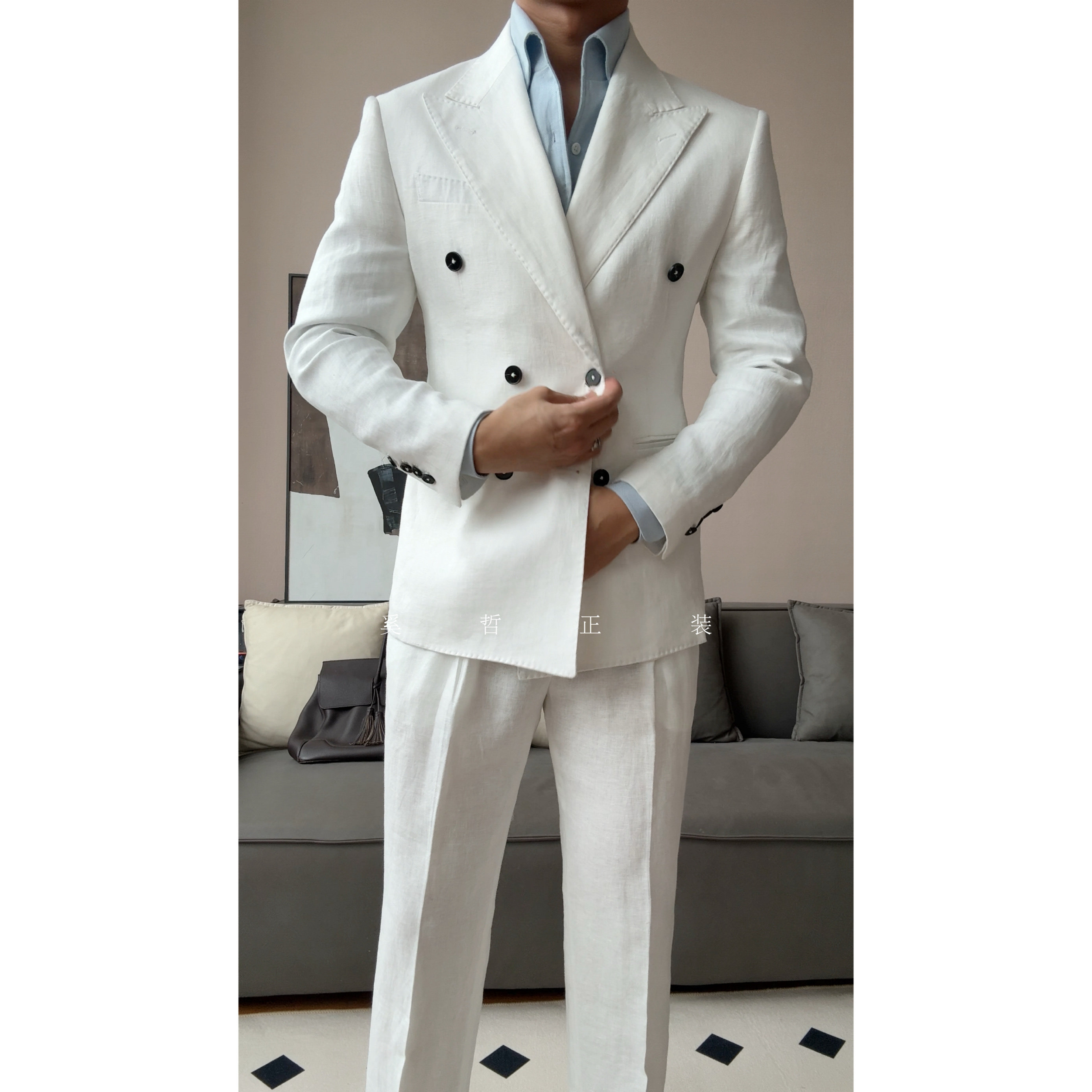 男士时尚休闲双排扣夏季薄款高品质亚麻潮流西服套装-673