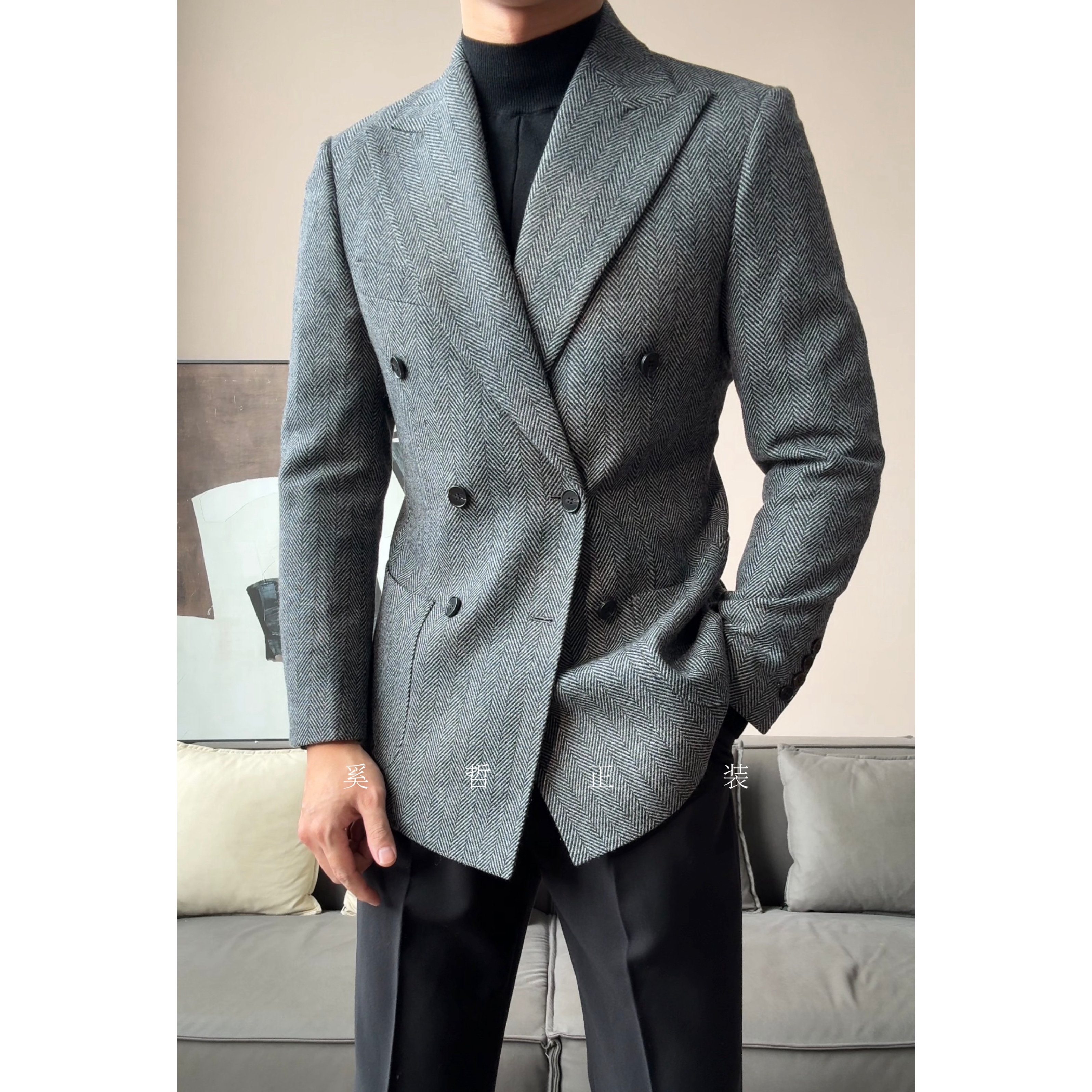 秋冬新款老钱风人字纹羊毛混纺绅士双排扣西服6165