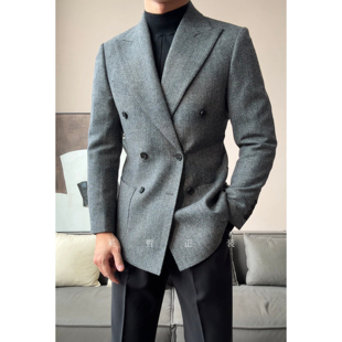 秋冬新款 老钱风人字纹羊毛混纺绅士双排扣西服6165