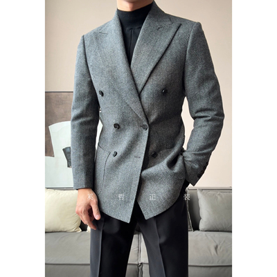 秋冬新款老钱风人字纹羊毛混纺绅士双排扣西服6165