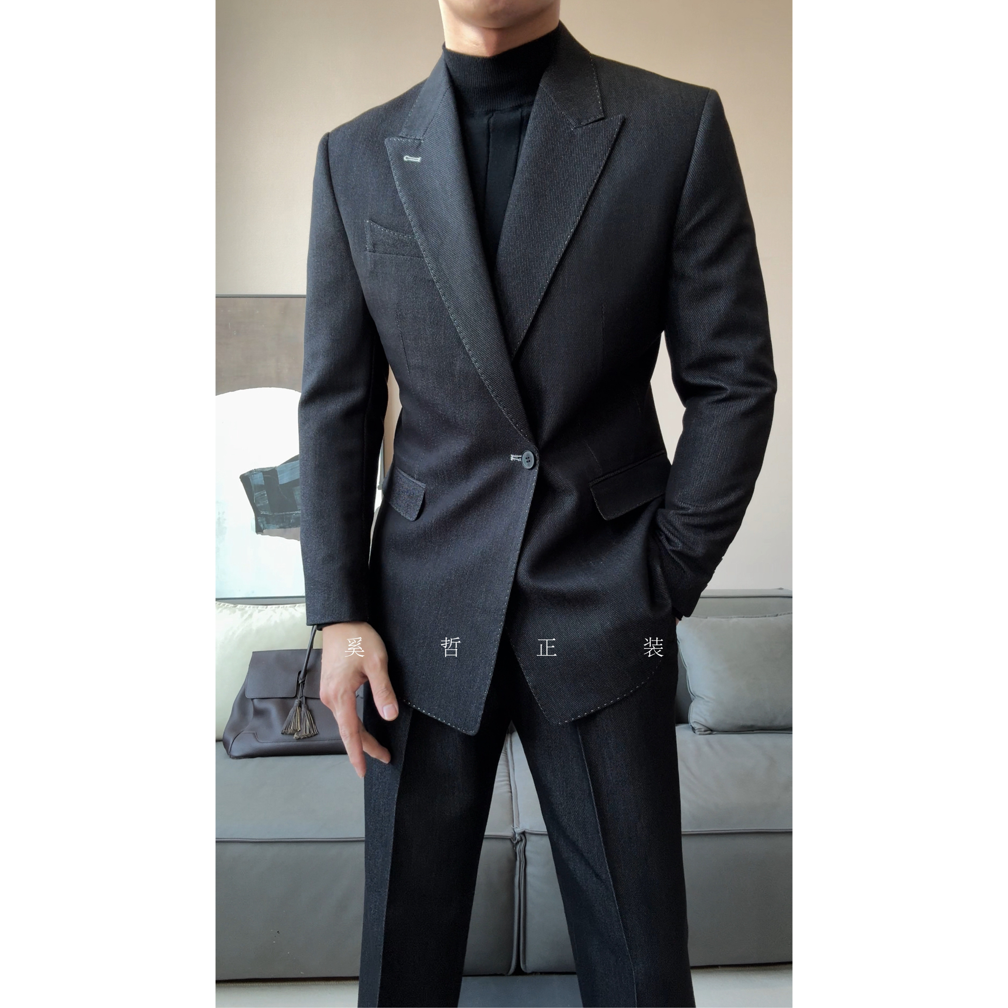 双排一粒扣男士时尚修身高级感西服套装958