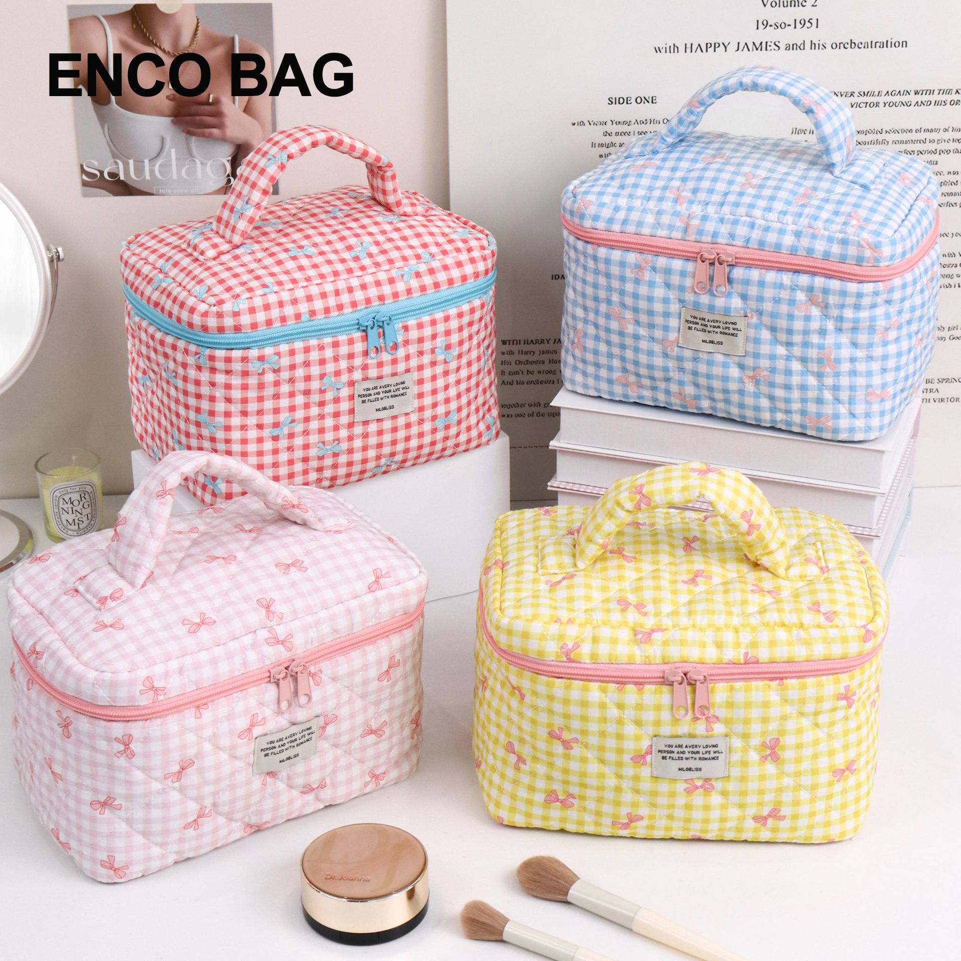 跨境热卖格子蝴蝶结可爱化妆包大容量感收纳包女生洗漱包笔袋