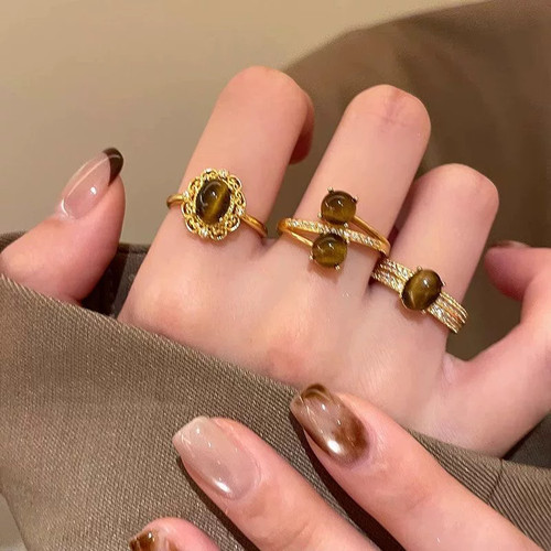 新款金色超闪虎眼石戒指女高级感小众叠戴食指戒精致百搭开口指环