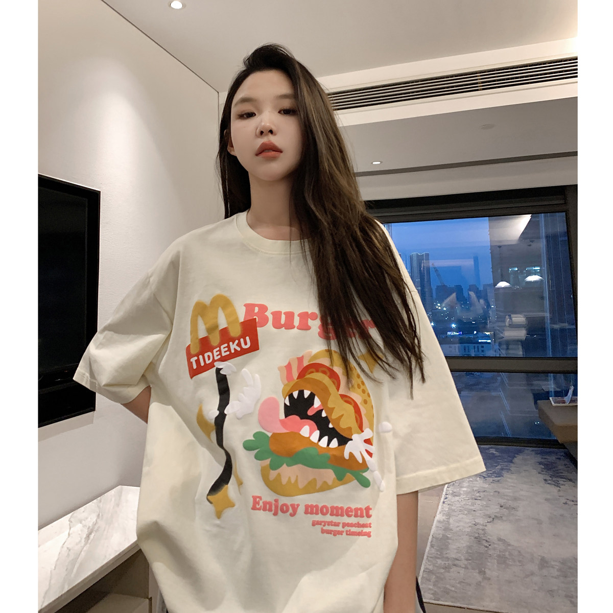 美式复古口水汉堡印花短袖T恤男女设计感T恤T6833 /P48 69图片
