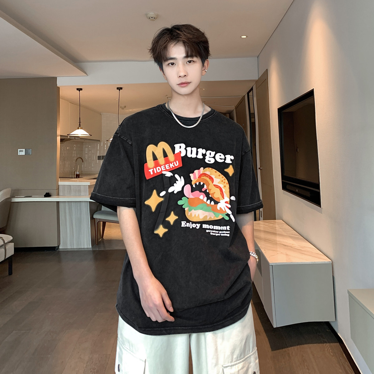 美式复古口水汉堡印花短袖T恤男女设计感T恤T6833/P4869,男装T恤,星座202