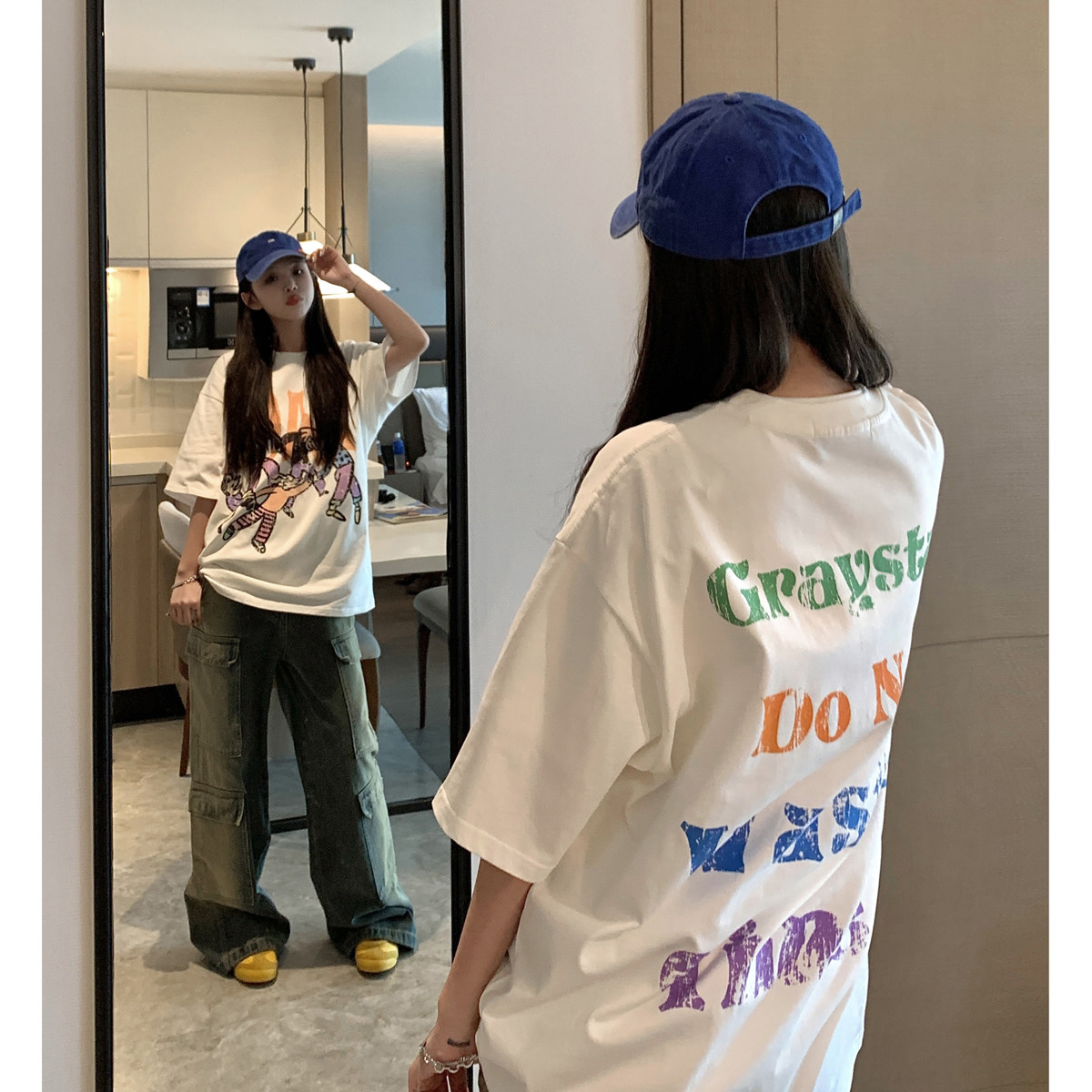 嘻哈小人舞蹈做旧短袖T恤男ins宽松情侣夏季体恤T6854/P4869,男装T恤,星座202