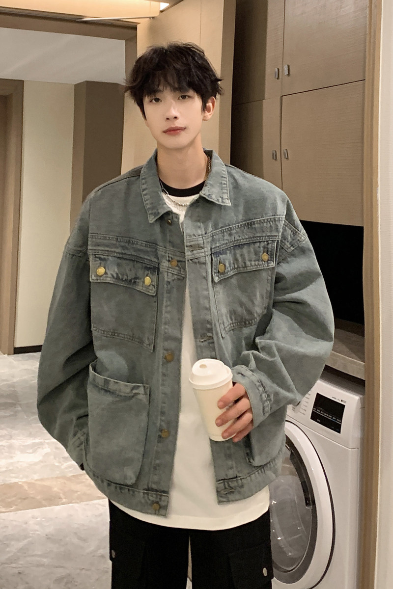 24款男士撞色拼色多口袋水洗工装牛仔夹克外套上衣N9003/P105,男装夹克,星座202