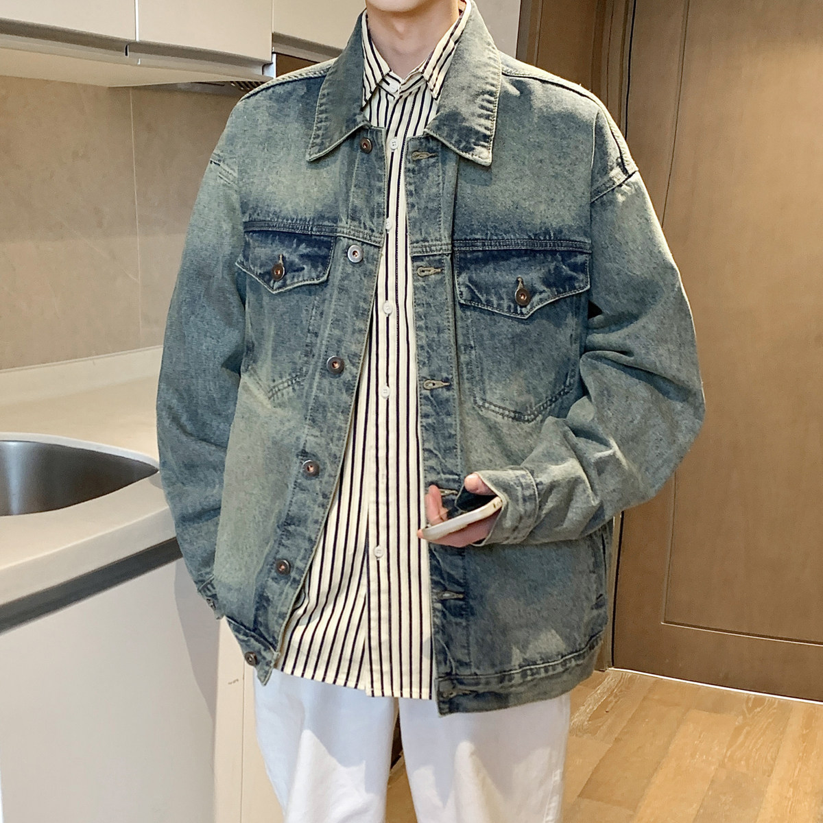 美式复古水洗做旧牛仔外套男潮牌设计感小众宽松夹克N8811/P138，男装工装外套，星座202