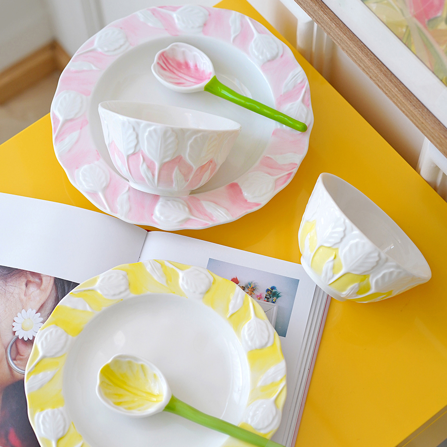 高颜值浮雕郁金香家用盘饭碗汤碗