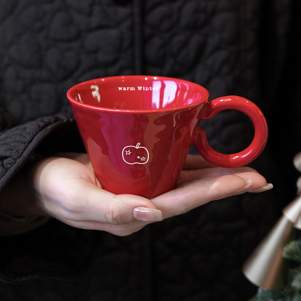 小红杯手绘苹果陶瓷咖啡杯子礼物图片
