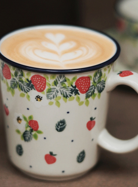 Endless stars野草莓陶瓷马克杯咖啡拉花手握杯子手绘釉下彩复古