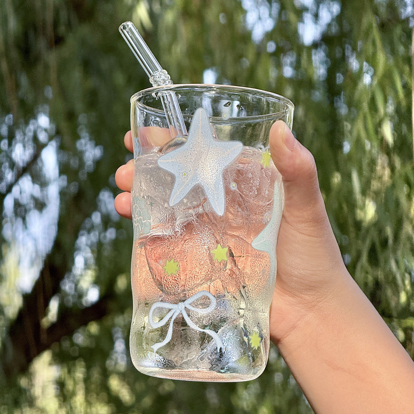 插画海星贝壳玻璃杯子高颜值水杯图片