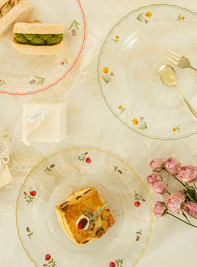 ES| 法式浪漫玫瑰花朵复古配色ins玻璃盘子沙拉盘点心盘水果盘