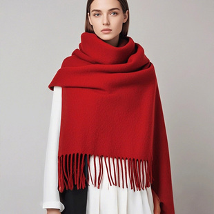 鄂尔精绒新品100%纯羊绒围巾女大披肩两用高级感围脖大红色本命年