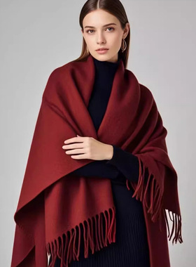 鄂尔精绒100%纯山羊绒围巾女冬保暖毛毯巾高级感披肩酒红色围脖厚