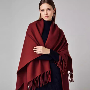 鄂尔精绒100%纯山羊绒围巾女冬保暖毛毯巾高级感披肩酒红色围脖厚