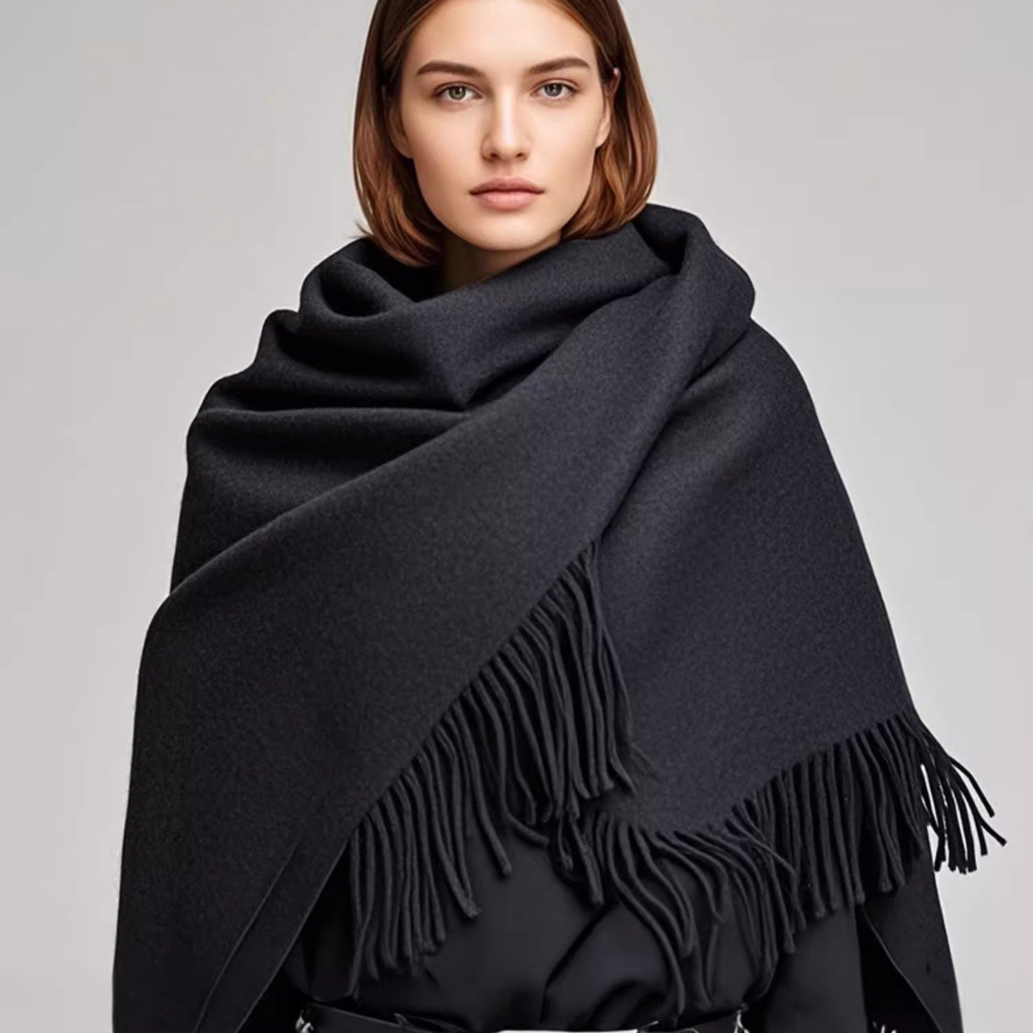 加厚保暖新款100%纯羊绒围巾女轻奢高级感大披肩盖毯外搭黑色披风