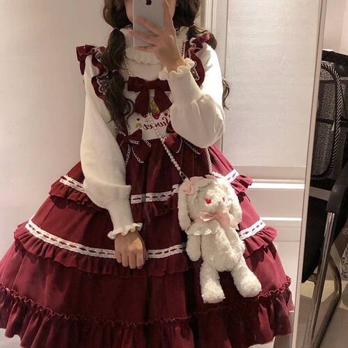 小草莓Lolita现货~Lolita可爱吊带jsk连衣裙秋冬款圣诞战袍圣诞节