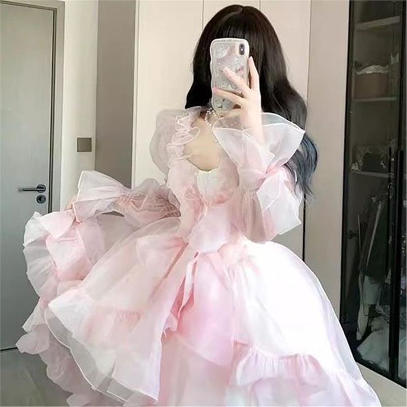 法式长款【全款现货】连衣裙抹胸拖尾礼服裙前短后长