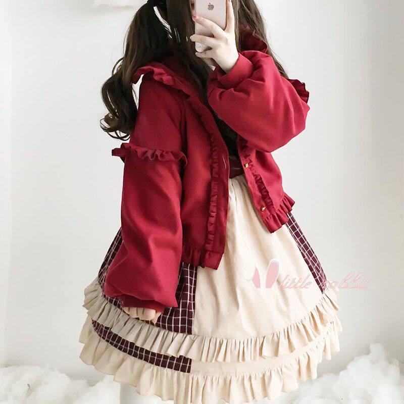 lolita加绒外套女韩版宽松学生加厚保暖秋冬小个子洛丽塔毛呢外套