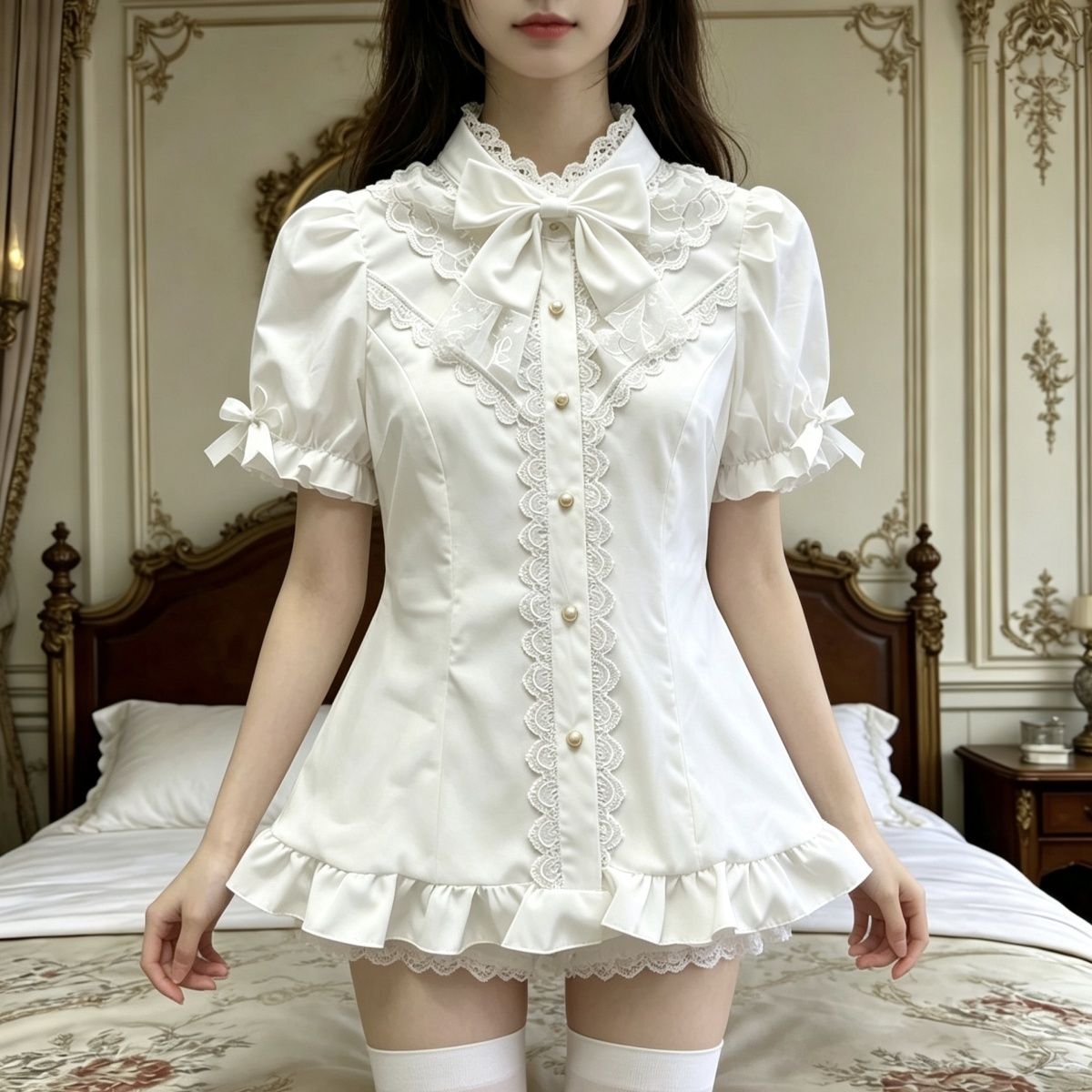 原创设计星芙颂Lolita洋装甜美可爱蕾丝衬衫短袖jsk内搭衬衫上衣图片
