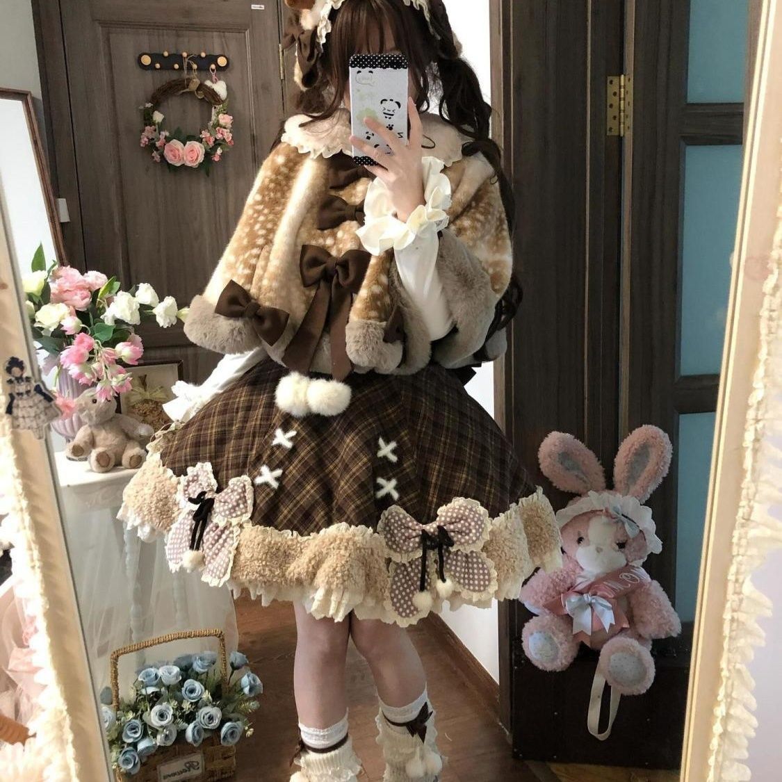 秋冬季新款甜美可爱洛丽塔套装女撞色格子连衣裙斗篷日常三件套