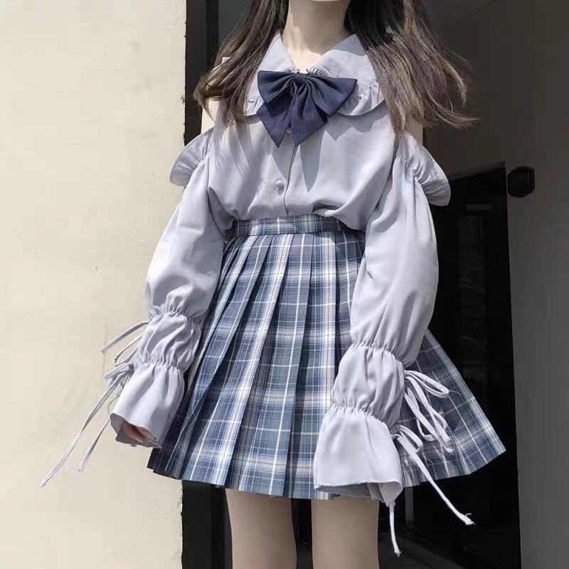 日系jk制服衬衫女学院风洛丽塔内搭喇叭袖娃娃领露肩长袖宽松上衣