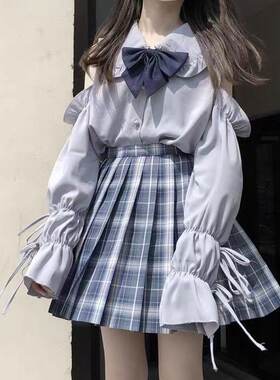 日系jk制服衬衫女学院风洛丽塔内搭喇叭袖娃娃领露肩长袖宽松上衣