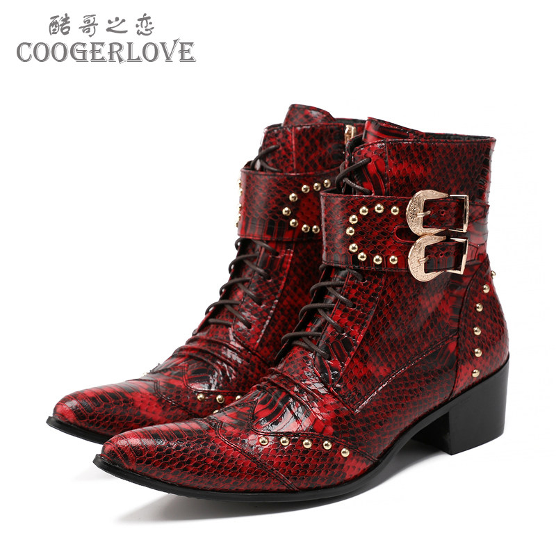 秋蛇纹男酒吧派对个性中筒靴尖头牛皮豪华模特马丁靴歌手铆钉皮靴