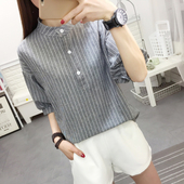 衬衫 立领亚麻半袖 女夏季 棉麻短袖 小清新新款 学生宽松大码 法式 上衣