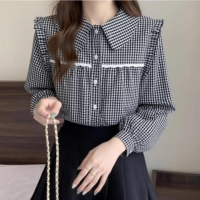 格子衬衫女长春秋袖娃娃领上衣