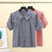 学生宽松格子衬衣设计感小众法式 短袖 新款 女娃娃领夏季 上衣 衬衫