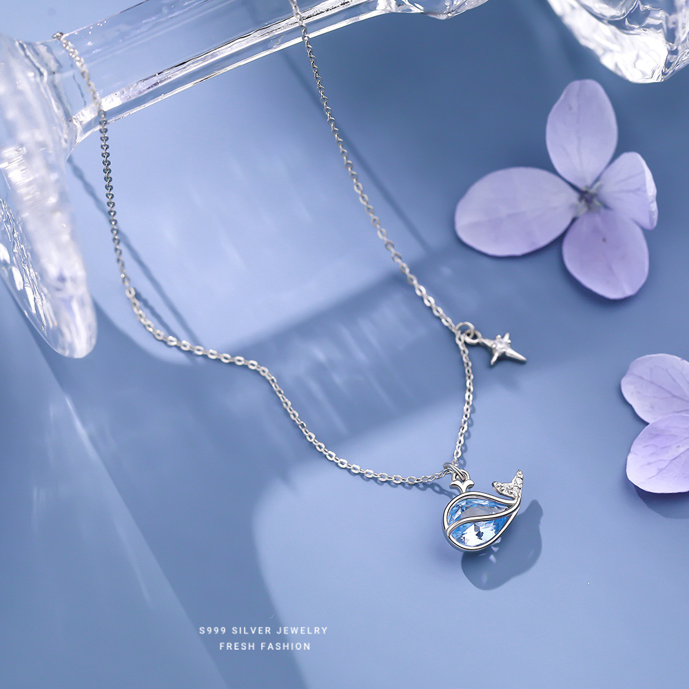 圆梦鲸通体S999纯银蓝色鲸鱼吊坠项链女小清新时尚可爱百搭锁骨链