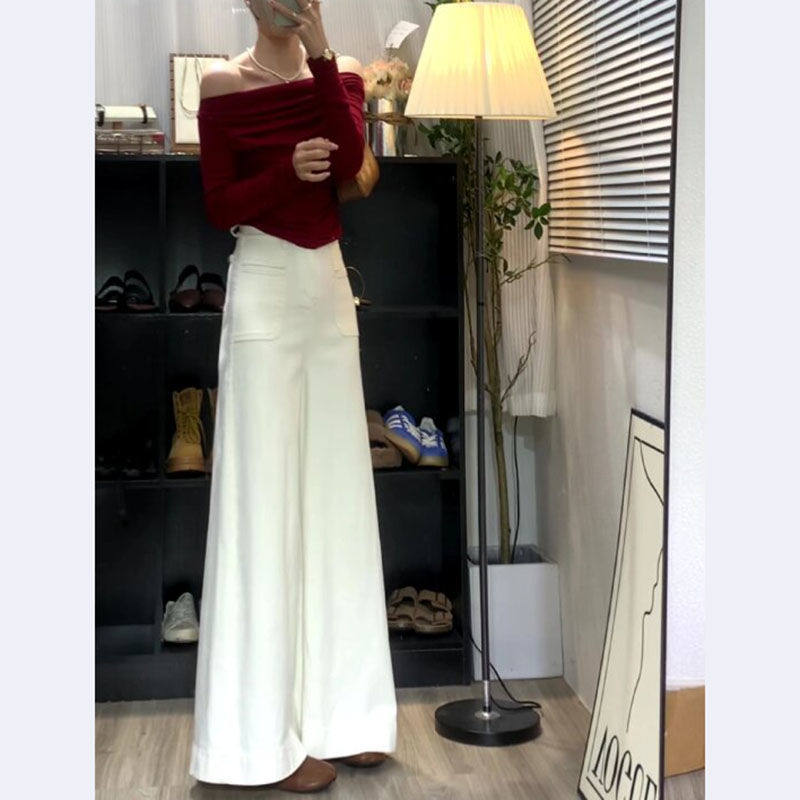 美式白色宽松水洗牛仔裤女秋季高腰微喇裤百搭小个子直筒裤阔腿裤