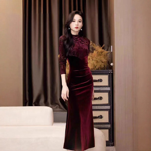 秋冬法式气质红色丝绒连衣裙轻奢高端圣诞订婚旗袍礼服女装裙子