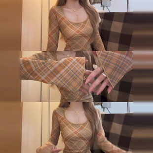 美式复古格纹网纱长袖t恤女早秋修身显瘦气质慵懒休闲百搭上衣潮