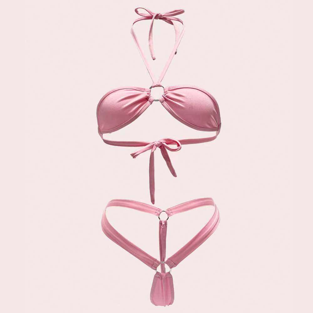 女士性感比基尼分体泳衣纯色系带