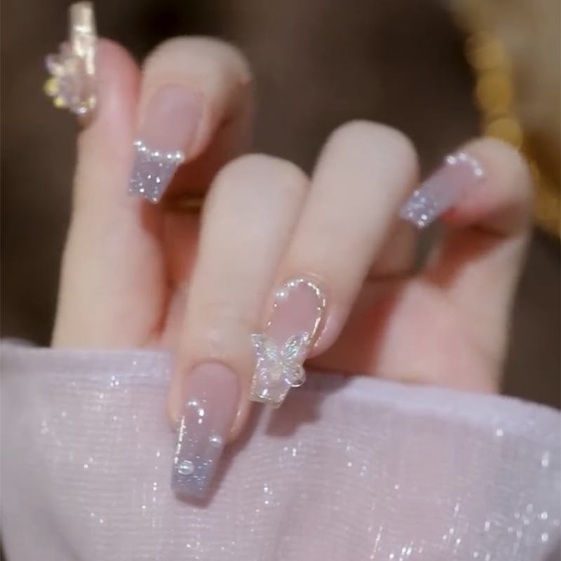 手工定制穿戴甲美甲成品假指甲可拆卸甲片显白夏季梯双层极光蝴蝶