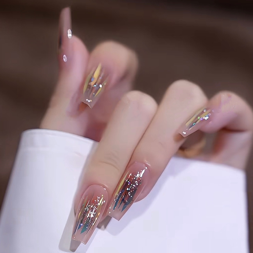 纯手工定制穿戴甲拆卸手工美甲成品孕妇长梯形显白闪粉腮红玻璃纸