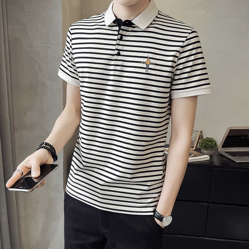 新款痞帅翻领短袖条纹polo衫