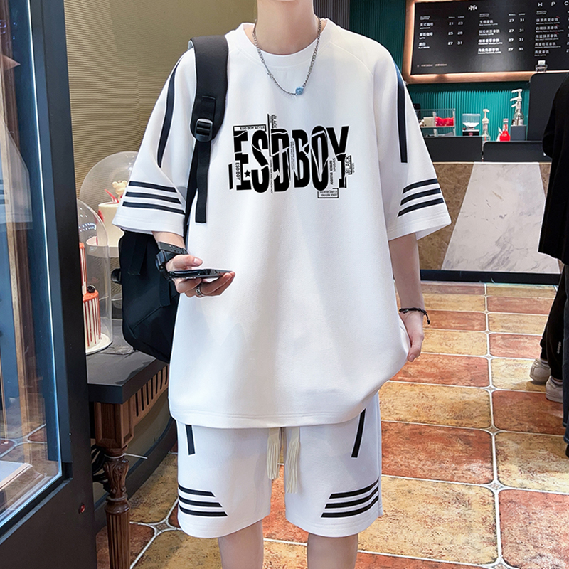 休闲运动套装男夏季字母印花短袖t恤男潮牌体恤青少年半袖两件套