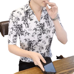 夏季新款短袖t恤男士日系韩版潮流polo花衬衫V领半袖冰丝衣服夏天