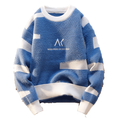 青少年水貂绒毛衣男孩子潮流加厚秋冬装初高中学生圆领打底针织衫