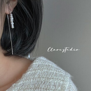 小叠片天然异形珍珠高级感小众耳环纯银长款流苏耳坠复古百搭耳饰
