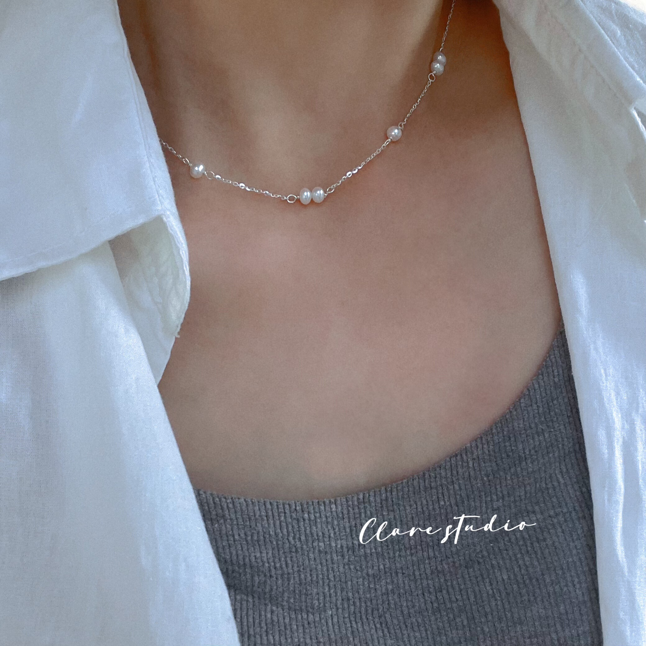 原创小众设计款纯银满天星天然珍珠项链法式女轻奢颈链叠戴可调节