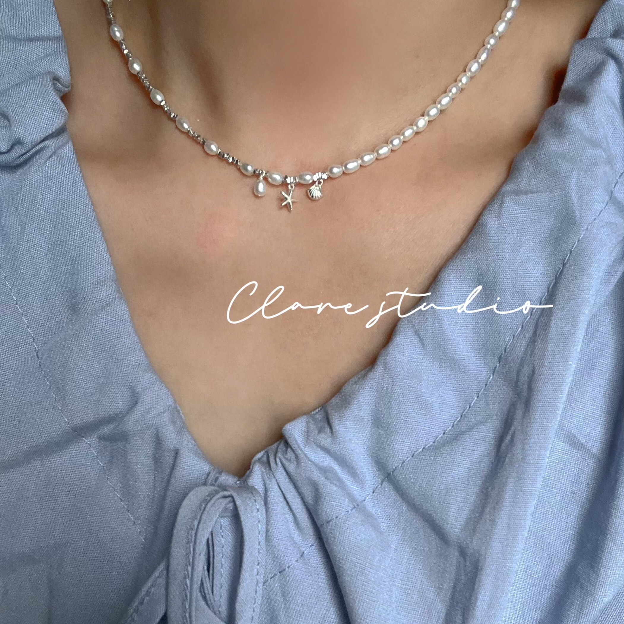 海风～原创设计S925纯银海星贝壳碎银子天然珍珠锁骨项链度假风女